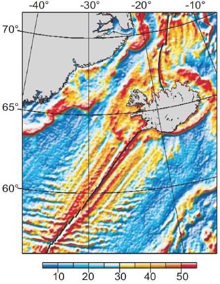  Satellite-derived free-air gravity anomalies (mGal) in the region surrounding Iceland