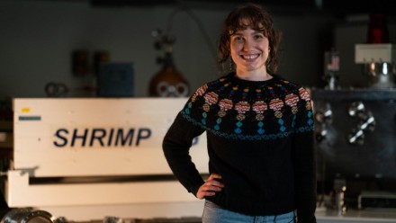 Rachel Kirby wearing her Cosmo jumper in front of SHRIMP