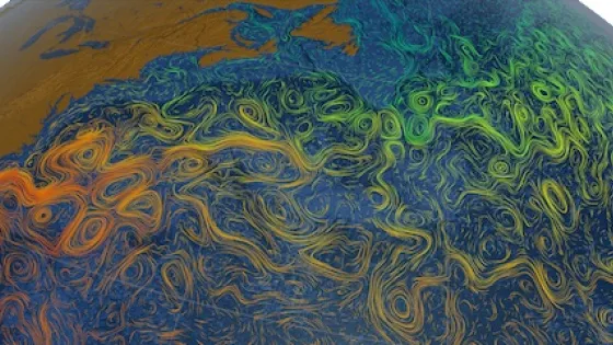 A computer-generated image of Earth showing colorful, swirling ocean currents on its surface.