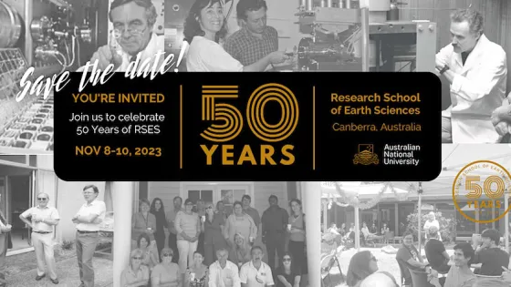 An invitation banner for the 50th-anniversary celebration of the Research School of Earth Sciences at Australian National University, featuring historical and group photos.