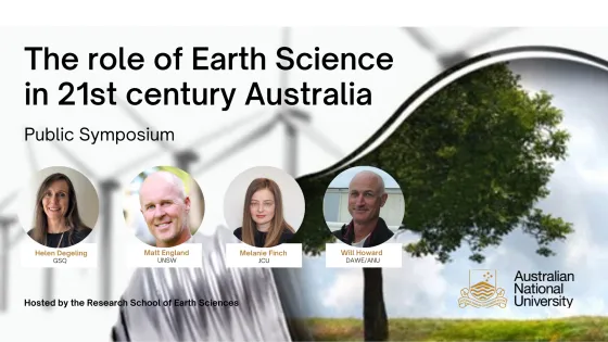 Promotional image for a public symposium on the role of Earth Science in 21st century Australia, featuring portraits of four speakers and logos of associated institutions.