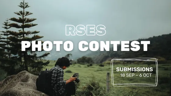 A person with a camera sits on a rock in a lush landscape, with text announcing the "RSES Photo Contest" and submission dates from September 18 to October 6.