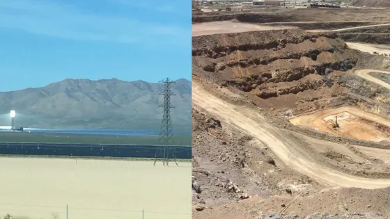 A split-image showing a solar farm with reflective panels in a desert landscape on the left and an expansive excavation site with dirt roads and heavy machinery on the right.