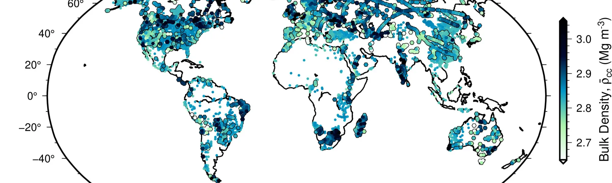 Bulk density of the continental crust from combined analysis of seismic experiments and laboratory analyses. Published in Stephenson et al. (2024).
