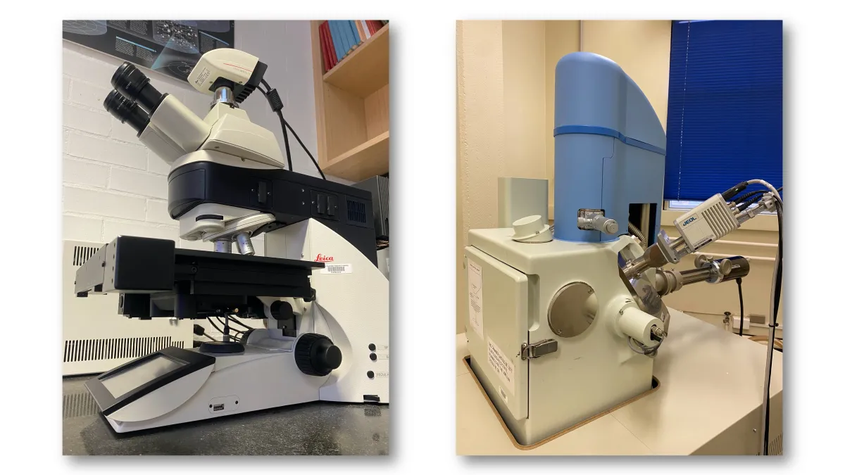 Leica microscope (left) and JEOL-6610A SEM (right) for sample characterization.