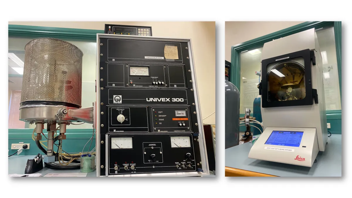 Evaporative coater (left) and sputter coater (right) for coating applications.