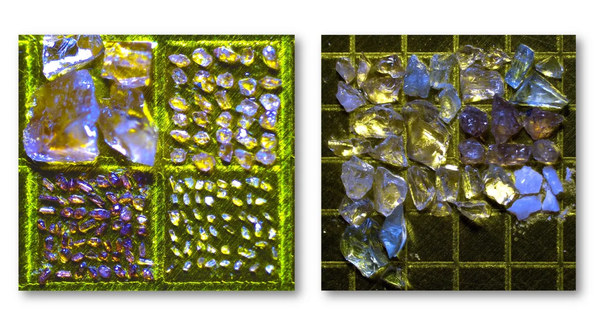 Zircon grains (left) and apatite grains (right) mounted on heat-resistant tape for sample preparation.