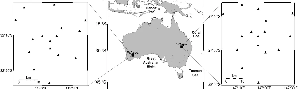 Location of the Australian small‐aperture spiral‐arm arrays used in this study. The squares in panel b indicate their geographic locations. The side panels show a 16‐element, three spiral‐arm array configuration for western Australia spiral array (WAspa) in western Australia (a) and southern Queensland spiral array (SQspa) in Queensland (c). The configuration of the WAspa array deviates from the logarithmic three‐arm spiral more significantly than the SQspa array because of the field conditions and access c