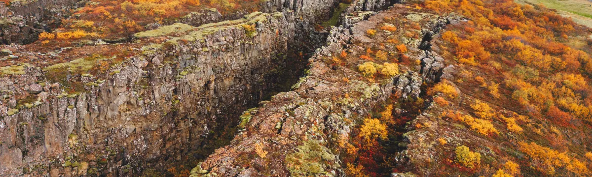 View of two tectonic plates meeting on the surface in Thingvellir National Park