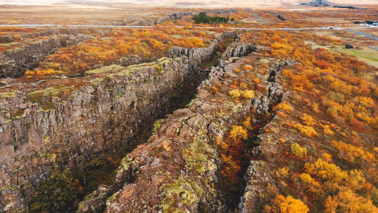 View of two tectonic plates meeting on the surface in Thingvellir National Park