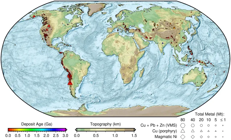 Global distribution of copper porphyry deposits, including several notable Cenozoic occurrences throughout the Tethyan belt.