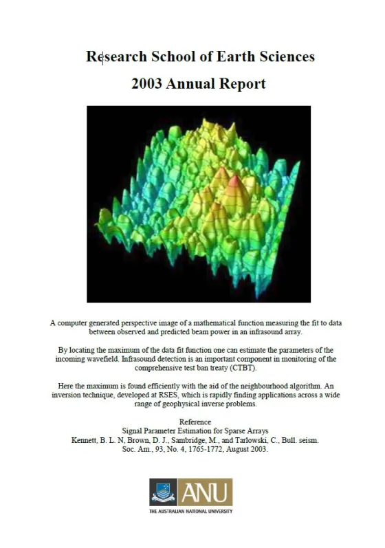 Cover of the 2003 Annual Report for the Research School of Earth Sciences showing a colorful 3D mathematical plot and the name of the Australian National University.