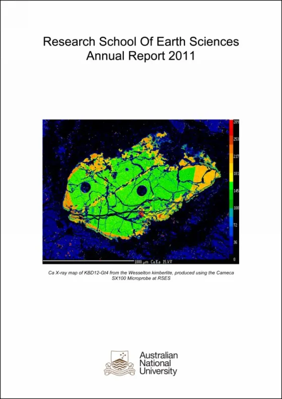 Cover of the Research School of Earth Sciences Annual Report 2011 showing a colorful Ca X-ray map of a kimberlite sample.