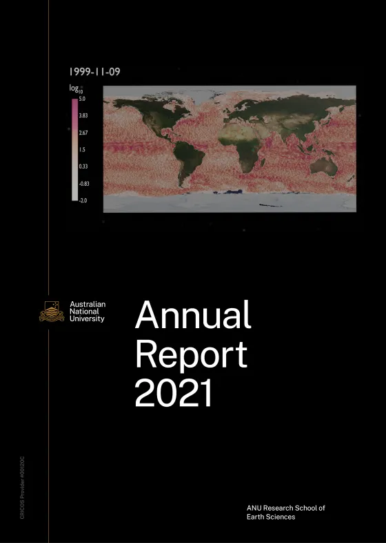 Cover page of the Australian National University's Annual Report 2021 featuring a world map with varying shades of pink and a legend indicating data values, with the title text overlayed.