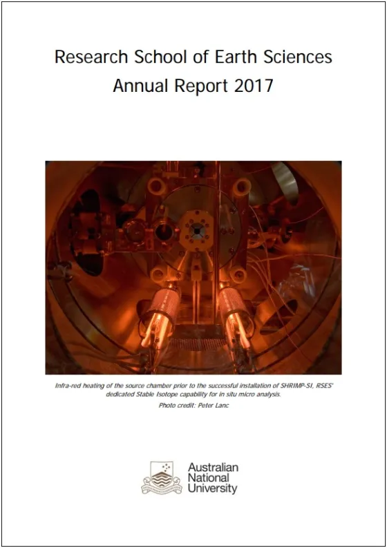 Cover of the Research School of Earth Sciences Annual Report 2017 featuring a photo of infrared heating inside a research instrument chamber.
