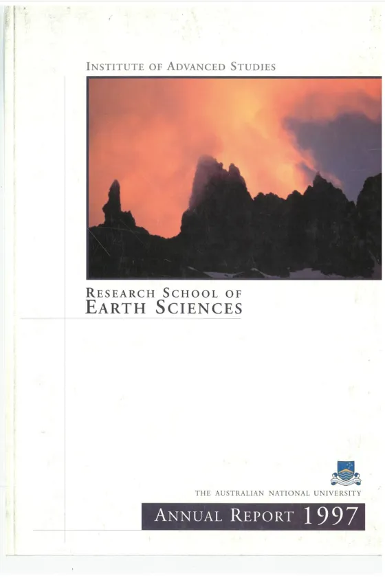 Cover of the Australian National University's 1997 Annual Report for the Institute of Advanced Studies, Research School of Earth Sciences, featuring a dramatic orange sky above dark mountain silhouettes.