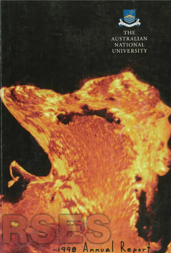 Cover of the 1998 Annual Report for The Australian National University, featuring an abstract orange and black texture resembling molten material.