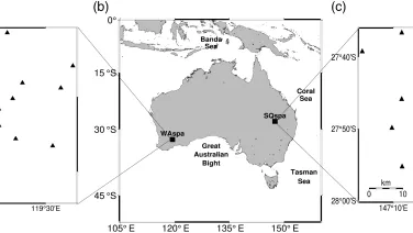 Location of the Australian small‐aperture spiral‐arm arrays used in this study. The squares in panel b indicate their geographic locations. The side panels show a 16‐element, three spiral‐arm array configuration for western Australia spiral array (WAspa) in western Australia (a) and southern Queensland spiral array (SQspa) in Queensland (c). The configuration of the WAspa array deviates from the logarithmic three‐arm spiral more significantly than the SQspa array because of the field conditions and access c