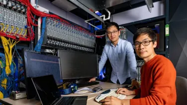 ANU seismologists Dr Thanh-Son Phạm and Jinyin Hu say monitoring the release of gases from volcanic sites can help better prepare for future events. Photo: Jamie Kidston/ANU